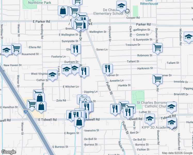 map of restaurants, bars, coffee shops, grocery stores, and more near 58 Turner Drive in Houston