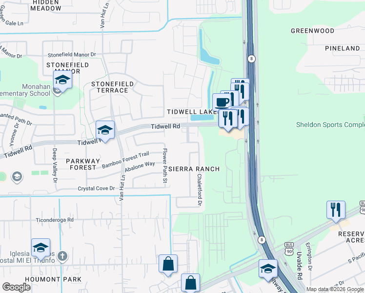 map of restaurants, bars, coffee shops, grocery stores, and more near 13210 Ambrose Drive in Houston