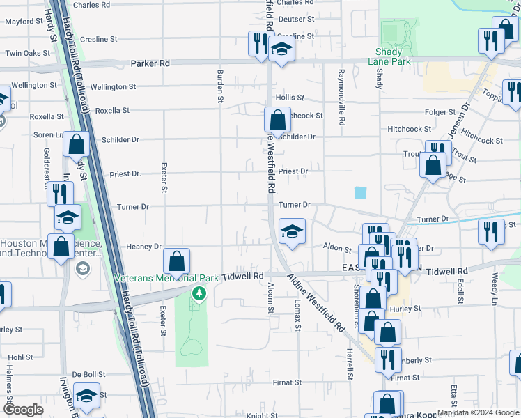 map of restaurants, bars, coffee shops, grocery stores, and more near 2110 Turner Drive in Houston