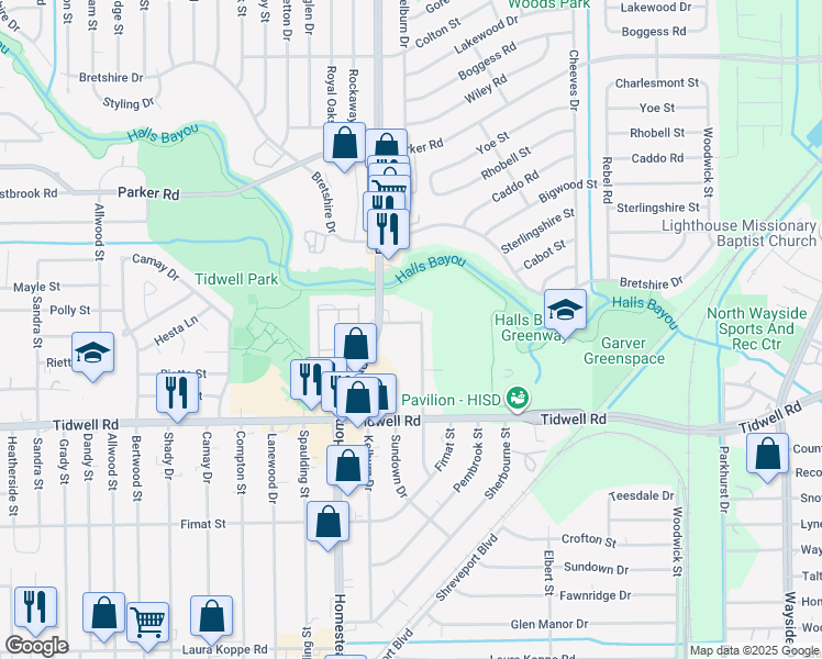 map of restaurants, bars, coffee shops, grocery stores, and more near 7200 Hallshire Drive in Houston
