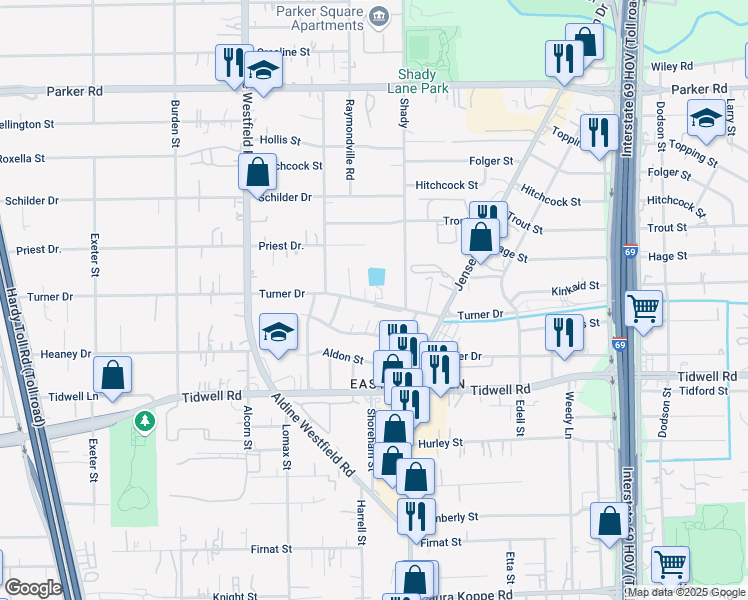 map of restaurants, bars, coffee shops, grocery stores, and more near 2617 Turner Drive in Houston