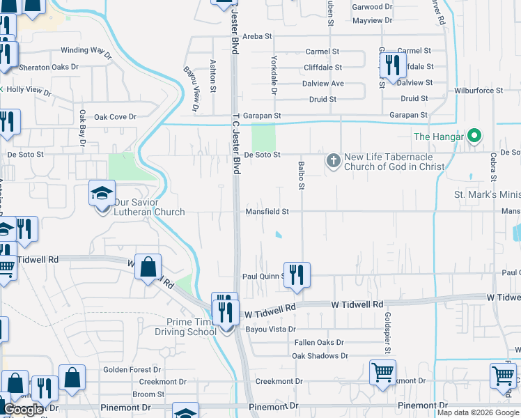 map of restaurants, bars, coffee shops, grocery stores, and more near 3322 Mansfield Street in Houston