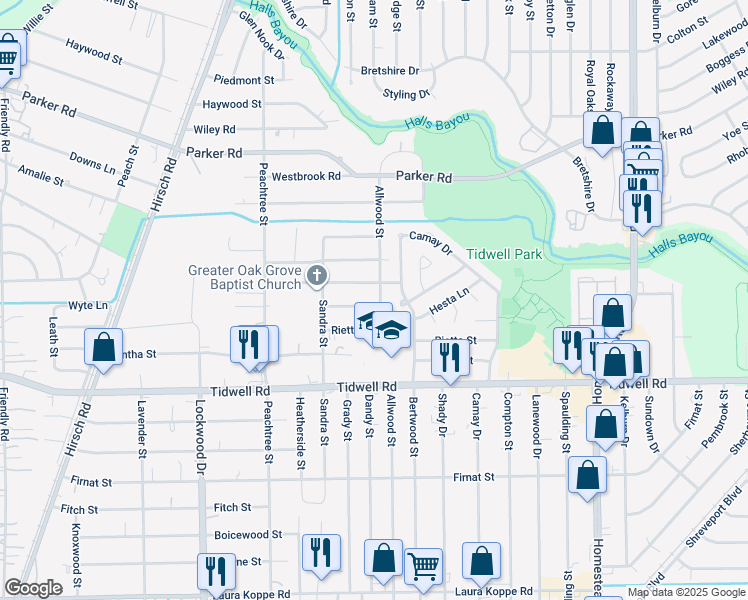 map of restaurants, bars, coffee shops, grocery stores, and more near 5909 Senior Street in Houston