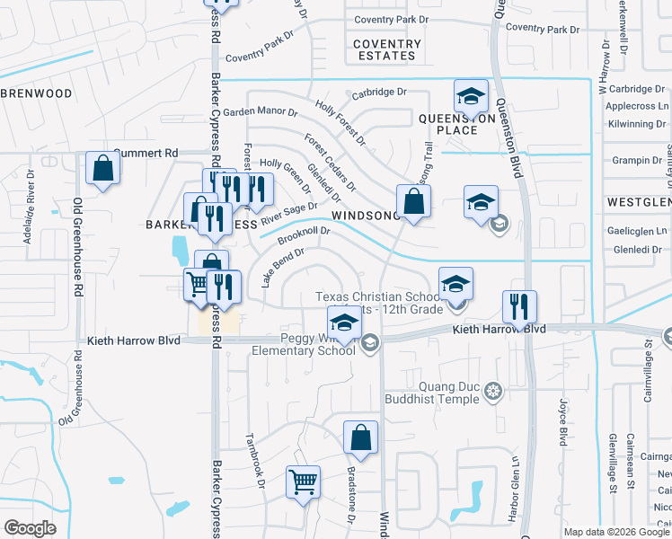 map of restaurants, bars, coffee shops, grocery stores, and more near 5338 Hazel Grove Drive in Houston