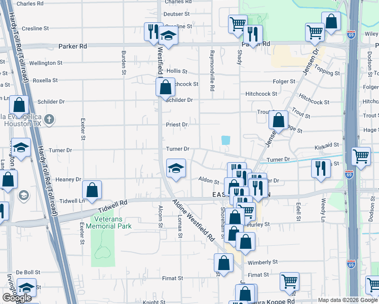 map of restaurants, bars, coffee shops, grocery stores, and more near 2420 Turner Drive in Houston