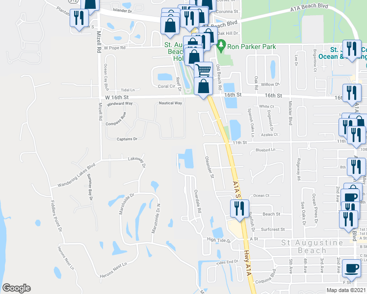 map of restaurants, bars, coffee shops, grocery stores, and more near 1356 Smiling Fish Lane in St. Augustine