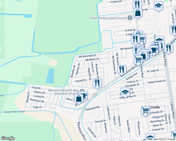 map of restaurants, bars, coffee shops, grocery stores, and more near 5059 Radcliff Street in Marrero