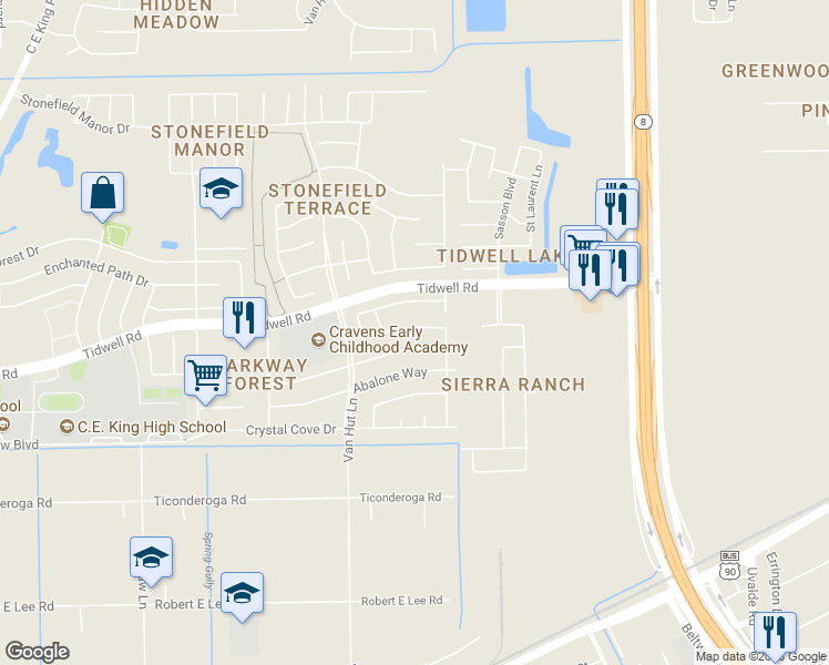 map of restaurants, bars, coffee shops, grocery stores, and more near 13110 Rosemont Park Lane in Houston