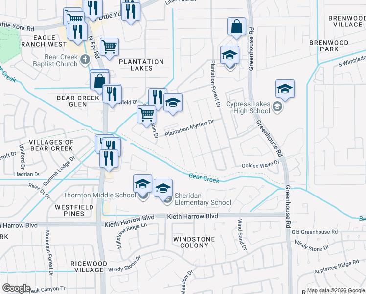 map of restaurants, bars, coffee shops, grocery stores, and more near 5518 Casa Batillo Drive in Katy