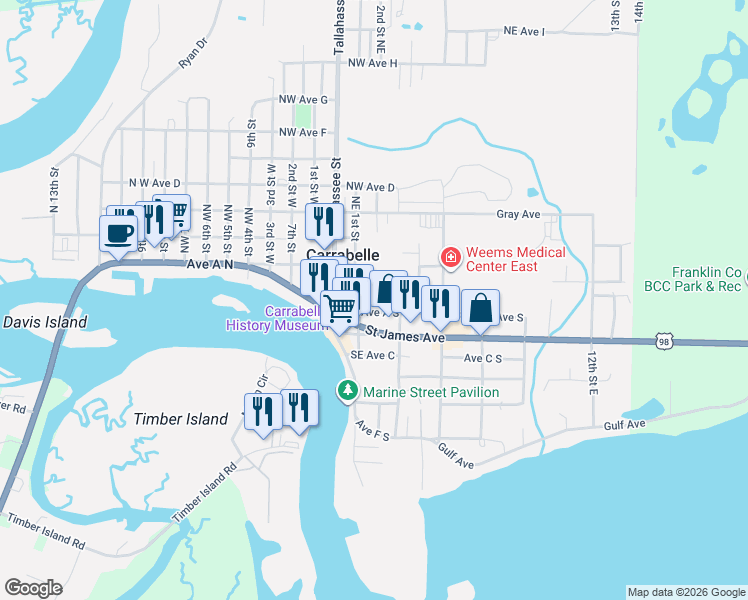 map of restaurants, bars, coffee shops, grocery stores, and more near 509D Meridan Avenue in Carrabelle