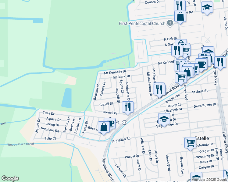 map of restaurants, bars, coffee shops, grocery stores, and more near 3032 Lillie Street in Marrero