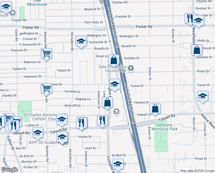 map of restaurants, bars, coffee shops, grocery stores, and more near 9935 Irvington Boulevard in Houston