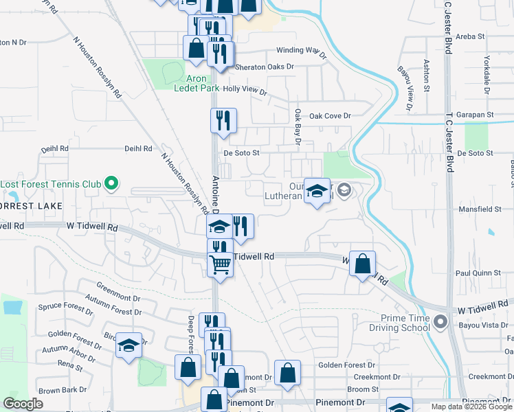 map of restaurants, bars, coffee shops, grocery stores, and more near 5950 Antoine Drive in Houston