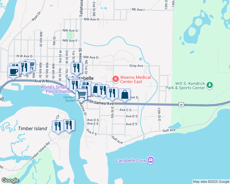 map of restaurants, bars, coffee shops, grocery stores, and more near 603 East Meridian Street in Carrabelle