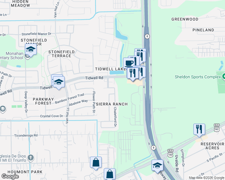 map of restaurants, bars, coffee shops, grocery stores, and more near 8658 Chaletford Drive in Houston