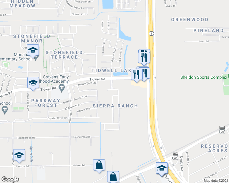 map of restaurants, bars, coffee shops, grocery stores, and more near 8658 Chaletford Drive in Houston