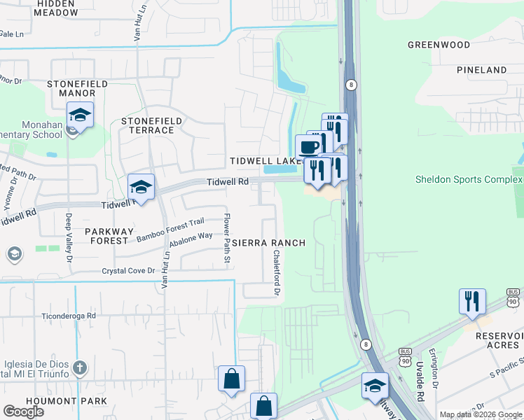 map of restaurants, bars, coffee shops, grocery stores, and more near 13302 Ambrose Drive in Houston