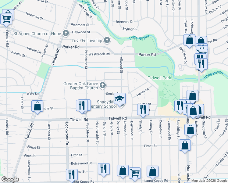 map of restaurants, bars, coffee shops, grocery stores, and more near 5715 Senior Street in Houston