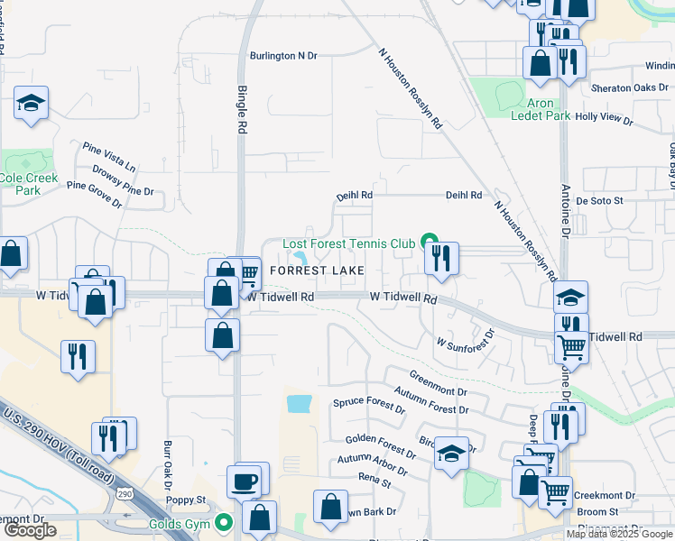 map of restaurants, bars, coffee shops, grocery stores, and more near 5800 Lumberdale Road in Houston