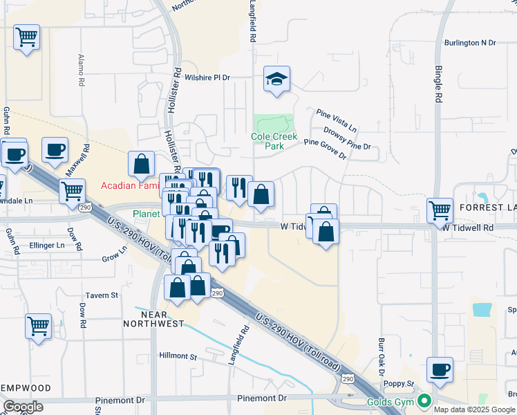 map of restaurants, bars, coffee shops, grocery stores, and more near 7306 West Tidwell Road in Houston