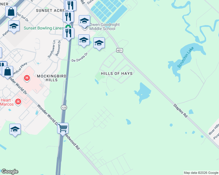 map of restaurants, bars, coffee shops, grocery stores, and more near 1233 Hilltop Drive in San Marcos