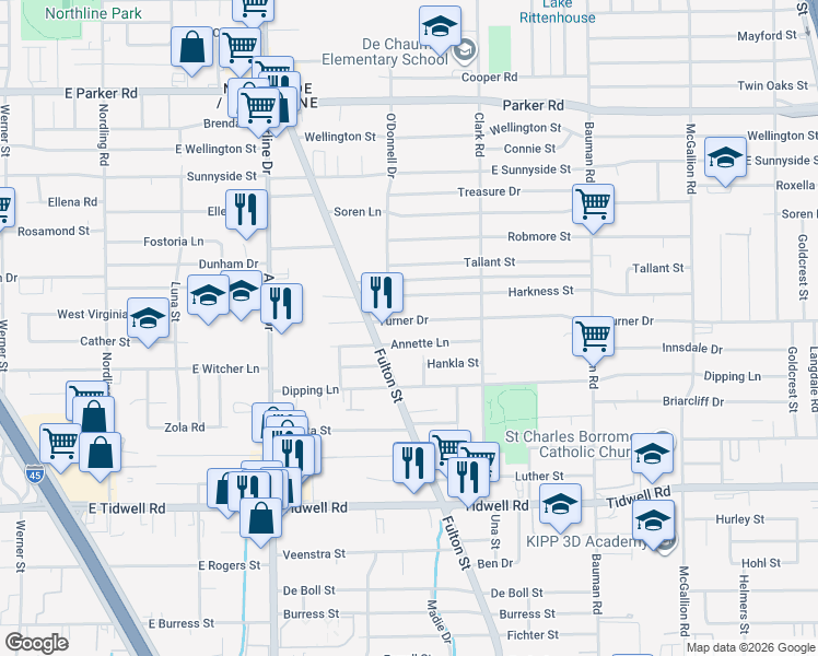 map of restaurants, bars, coffee shops, grocery stores, and more near 126 Turner Dr in Houston