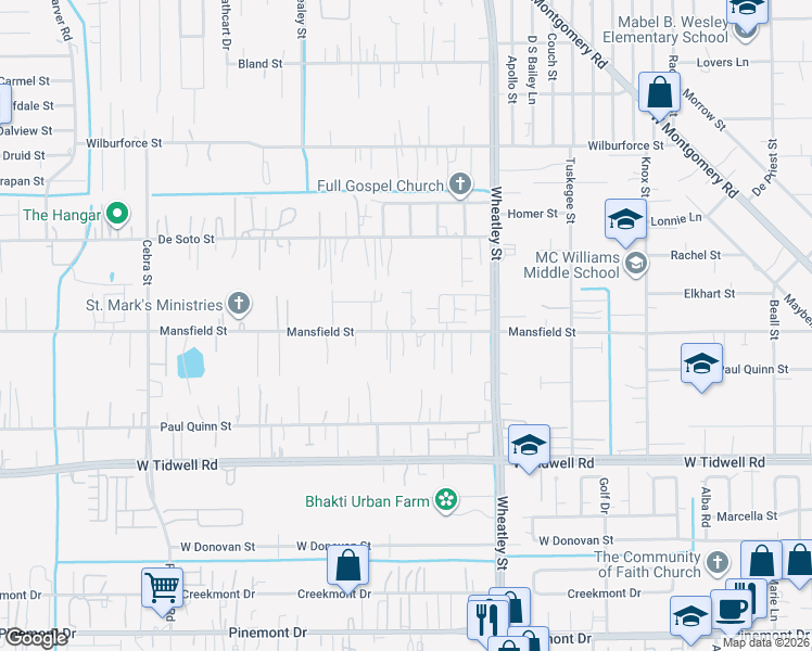 map of restaurants, bars, coffee shops, grocery stores, and more near 5903 Maxroy Street in Houston