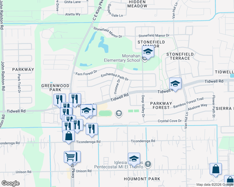 map of restaurants, bars, coffee shops, grocery stores, and more near 8704 Yvonne Drive in Houston