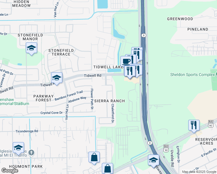 map of restaurants, bars, coffee shops, grocery stores, and more near 8658 Chaletford Drive in Houston