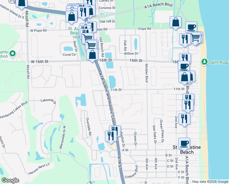map of restaurants, bars, coffee shops, grocery stores, and more near 605 11th Street in St. Augustine