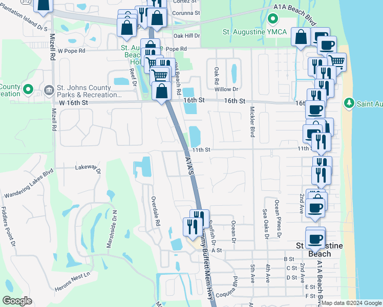 map of restaurants, bars, coffee shops, grocery stores, and more near 611 11th Street in St. Augustine