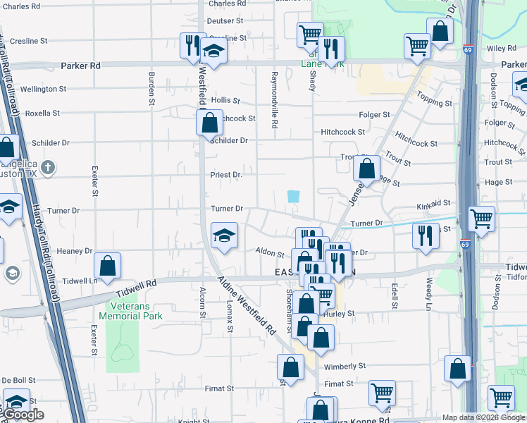 map of restaurants, bars, coffee shops, grocery stores, and more near 2446 Turner Drive in Houston