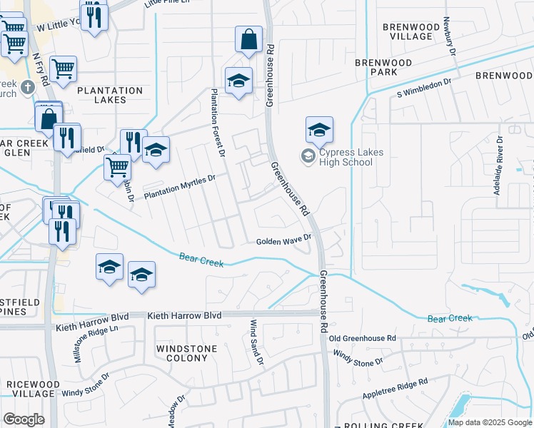map of restaurants, bars, coffee shops, grocery stores, and more near 5518 Bayleys Court in Katy