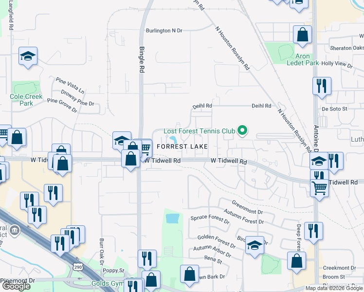 map of restaurants, bars, coffee shops, grocery stores, and more near Lumberdale Road in Houston