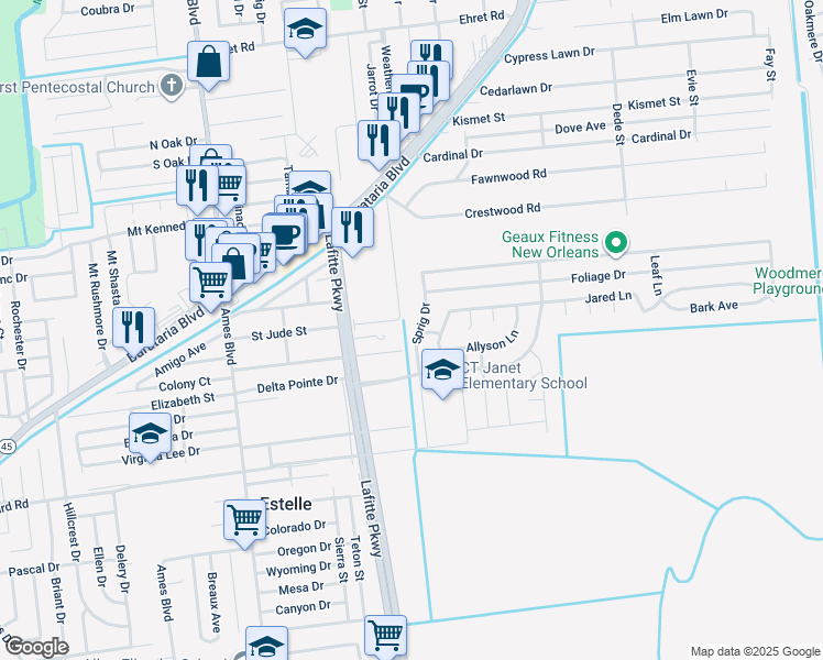 map of restaurants, bars, coffee shops, grocery stores, and more near 2628 Sprig Drive in Marrero