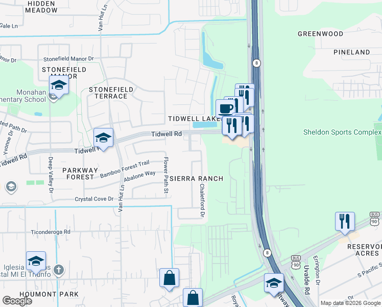 map of restaurants, bars, coffee shops, grocery stores, and more near 13302 Ambrose Drive in Houston