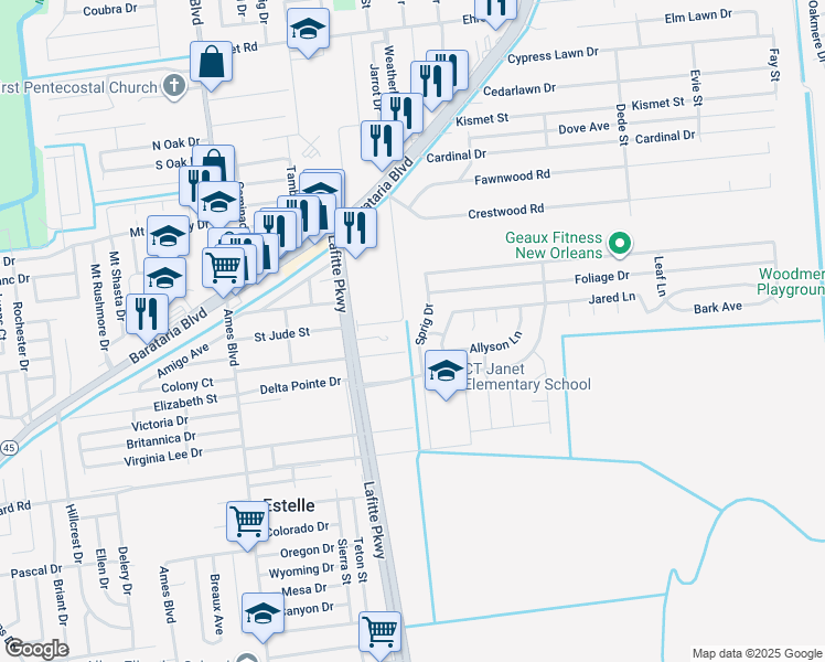 map of restaurants, bars, coffee shops, grocery stores, and more near 2628 Sprig Drive in Marrero