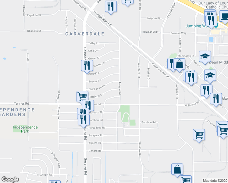 map of restaurants, bars, coffee shops, grocery stores, and more near 10019 Hardison Lane in Houston