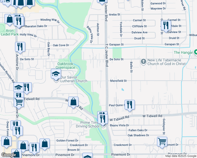 map of restaurants, bars, coffee shops, grocery stores, and more near 3526 Mansfield Street in Houston