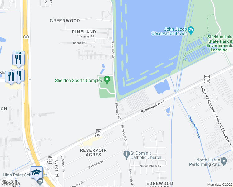 map of restaurants, bars, coffee shops, grocery stores, and more near Unnamed Road in Houston