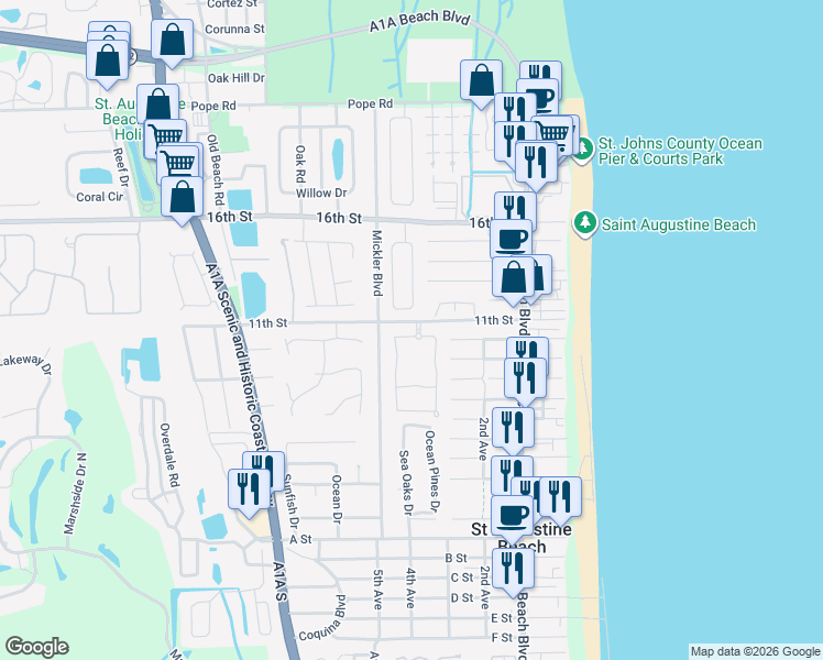 map of restaurants, bars, coffee shops, grocery stores, and more near 80 Ridgeway Road in St. Augustine
