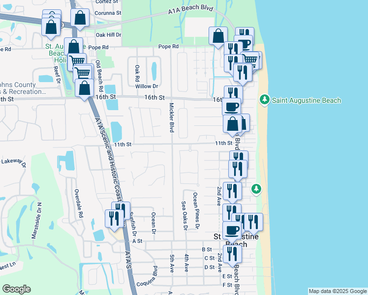 map of restaurants, bars, coffee shops, grocery stores, and more near 80 Ridgeway Road in St. Augustine