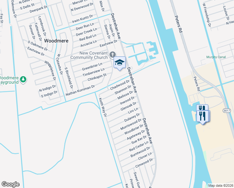 map of restaurants, bars, coffee shops, grocery stores, and more near 3805 Shannon Drive in Harvey