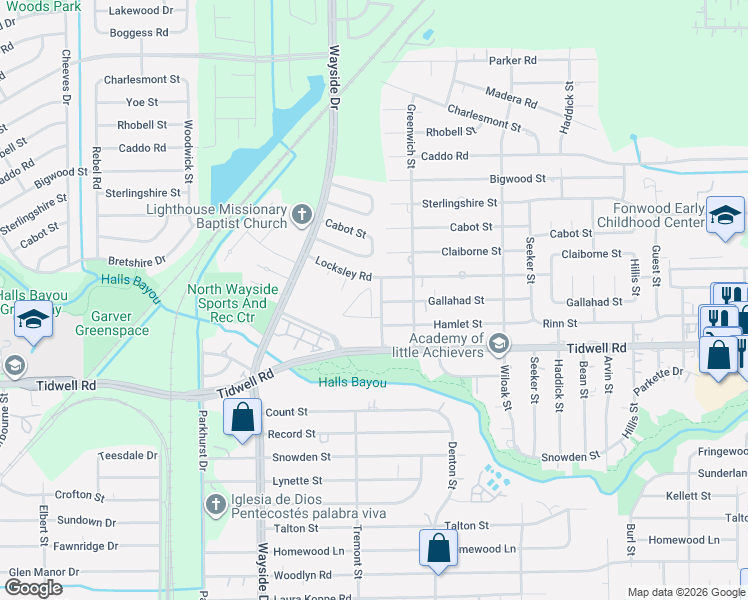 map of restaurants, bars, coffee shops, grocery stores, and more near 8000 Tidwell Road in Houston