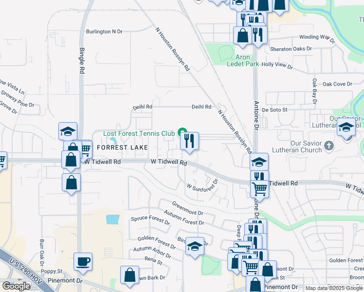 map of restaurants, bars, coffee shops, grocery stores, and more near 6150 West Tidwell Road in Houston