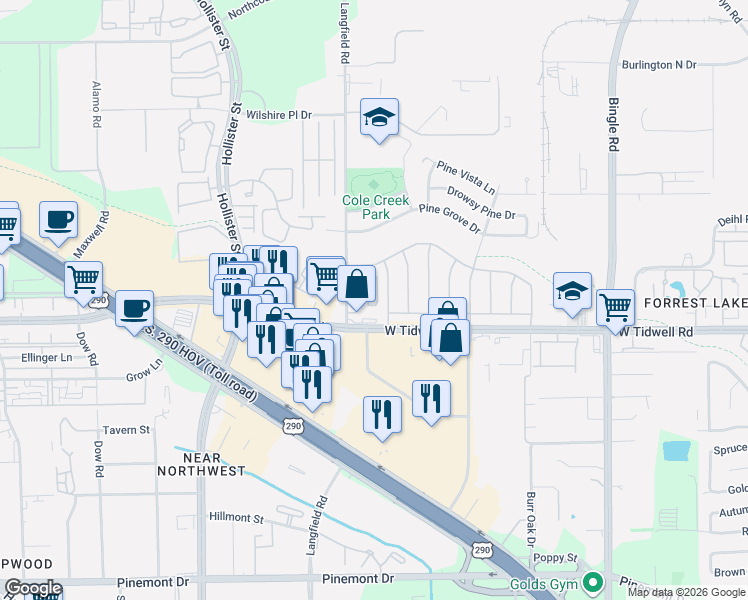 map of restaurants, bars, coffee shops, grocery stores, and more near 5828 Sampley Way in Houston