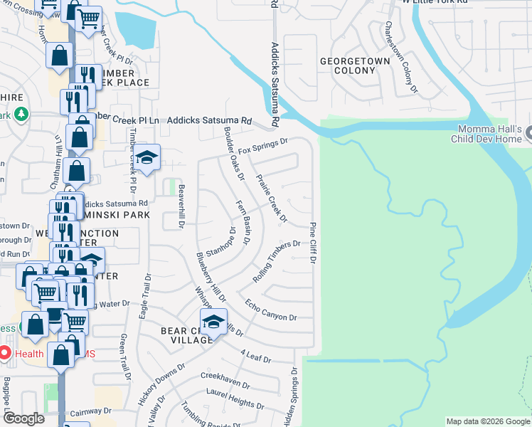 map of restaurants, bars, coffee shops, grocery stores, and more near 15706 Boulder Oaks Drive in Houston