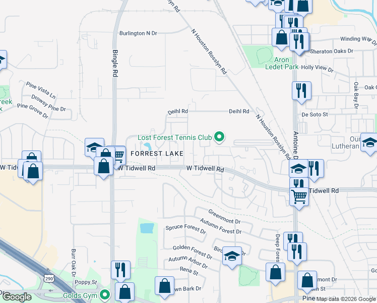 map of restaurants, bars, coffee shops, grocery stores, and more near 6200 West Tidwell Road in Houston
