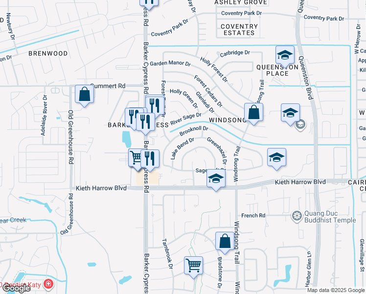 map of restaurants, bars, coffee shops, grocery stores, and more near 18203 Lake Bend Drive in Houston