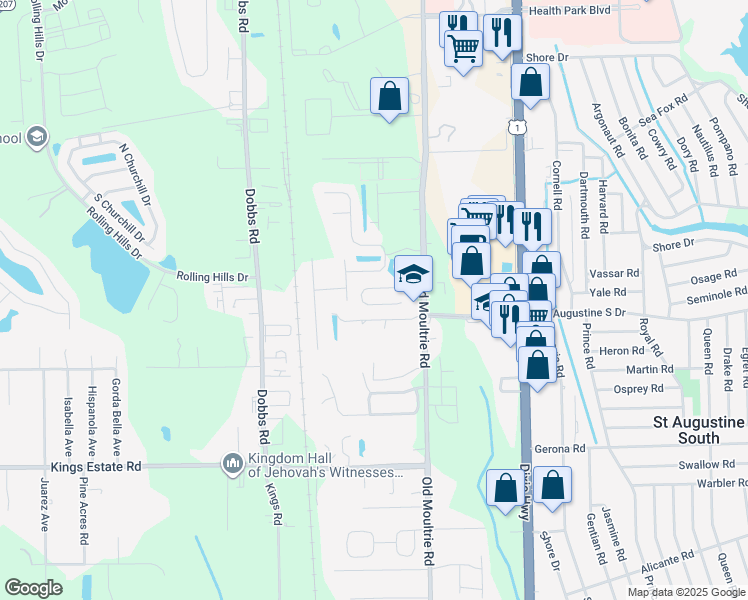 map of restaurants, bars, coffee shops, grocery stores, and more near 254 Moultrie Village Lane in St. Augustine